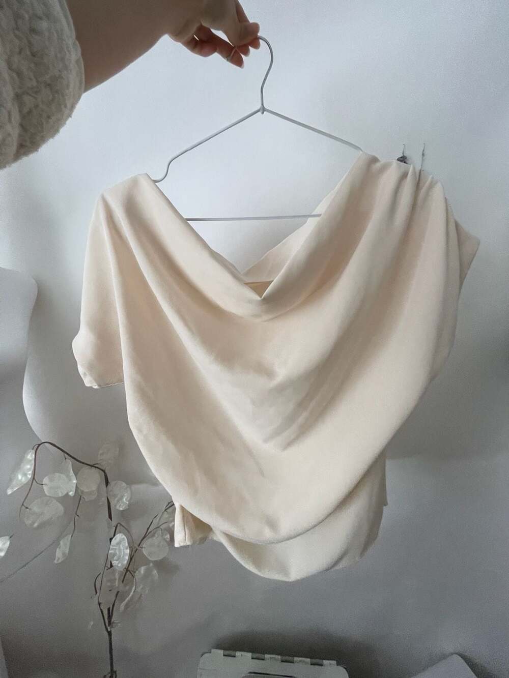 Cream Satin Cowl Neck Short Sleeve Blouse